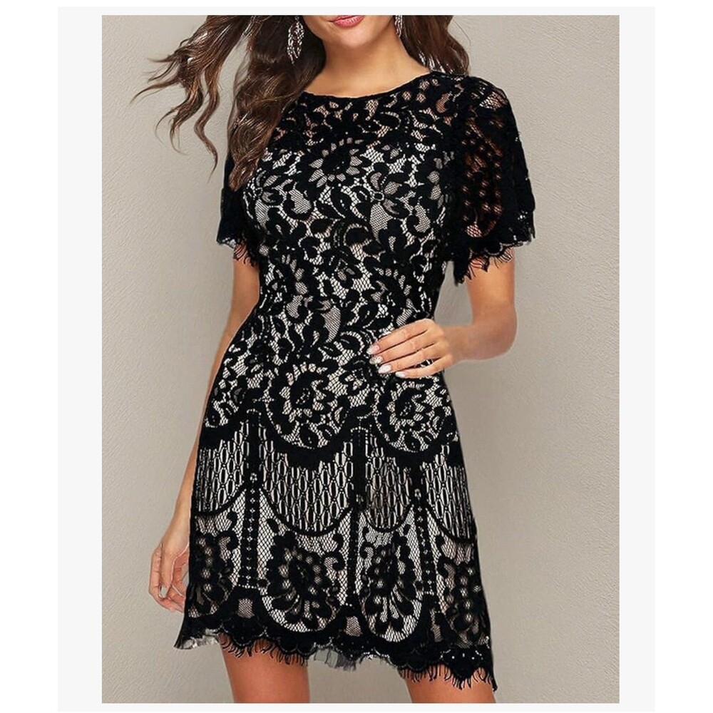 NWOT V-Back Wedding Guest Floral Lace Cocktail Party Mini Dress M/L